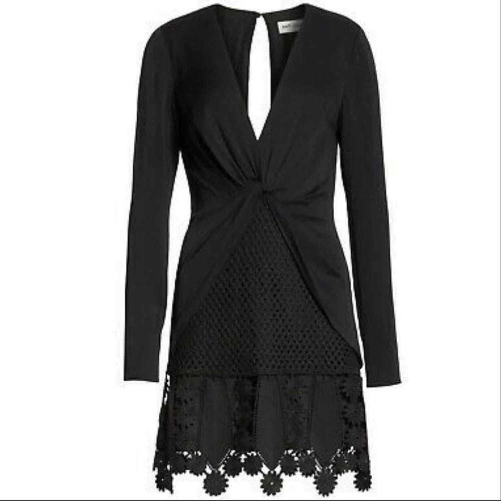 Self Portrait V Neck Black Twist Front lace panel mini dress Size 4